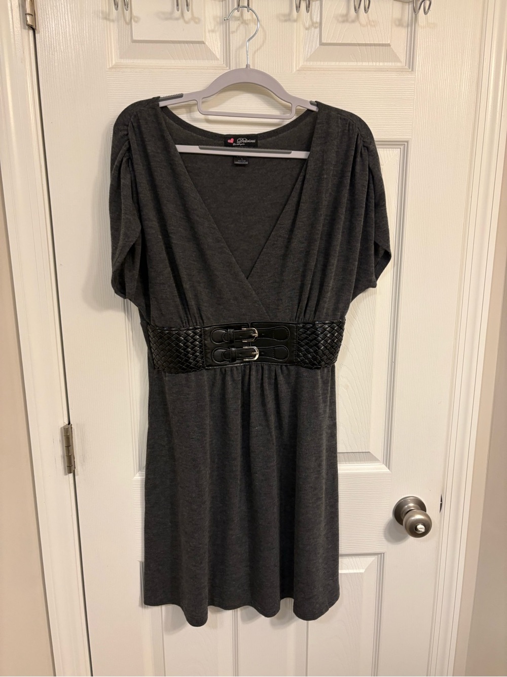 Delirious Faux Belted V-Neck Mini Dress Gray - Size Large